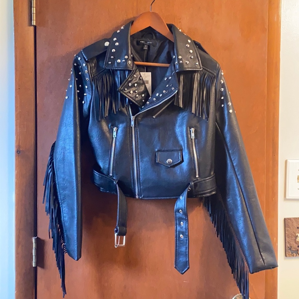 Black Studded Moto Jacket with fringe detail